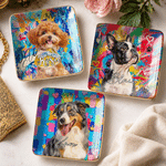 Personalized Colorful Oil Painting Style Pet Photo Square Ceramic Trinket Jewelry Dish with Name Daily Use Birthday Gift for Pet Owner