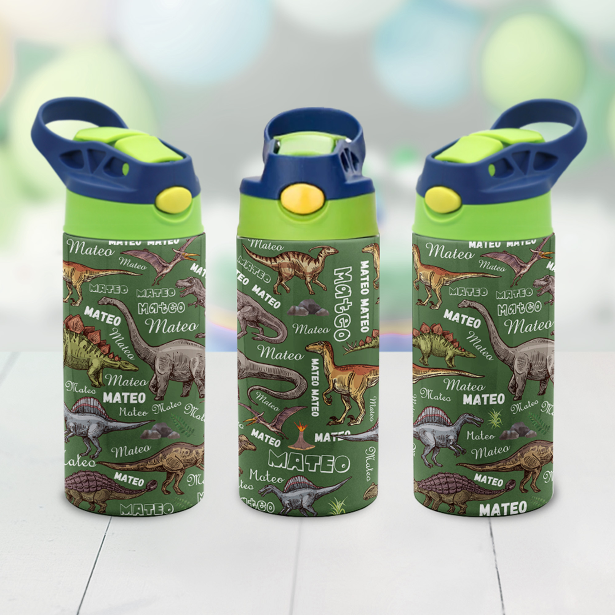 Personalisierte, mehrfarbige 12-oz-Isoliertrinkflasche für Kinder mit Dinosaurier-Motiv und Namensaufdruck – Geschenk zum Schulanfang oder Geburtstag für Jungen und Mädchen
