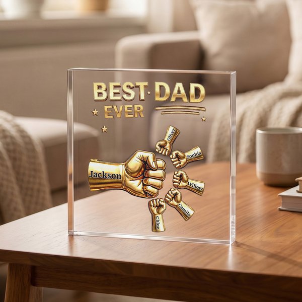 Personalised Best Dad Ever Fist Bump Clear Acrylic Plaque with Name Home Desk Decor Father's Day Gift for Dad Grandpa