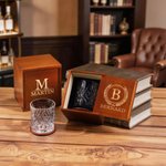 Personalised Retro Initial Monogram Whisky Glass Wooden Box Coaster Set with Name and Date Birthday Anniversary Gift for Men