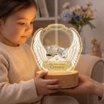 Veilleuse LED personnalisée en acrylique avec photo d'ailes d'ange, socle en bois, nom, texte et année : décoration d'intérieur, cadeau d'anniversaire ou en souvenir pour les propriétaires d'animaux d