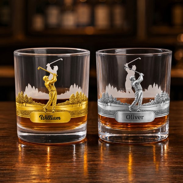 Gepersonaliseerd Old Fashioned whiskyglas van 295 ml met golfspeler en naam Vaderdagcadeau en verjaardagscadeau voor golfliefhebbers