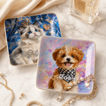 Personalized Colorful Oil Painting Style Pet Photo Square Ceramic Trinket Jewelry Dish with Name Daily Use Birthday Gift for Pet Owner