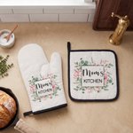 Personalised Watercolour Flower Insulation Glove and Pot Holder Set with Text Kitchen Decor Birthday Mother's Day Gift for Woman