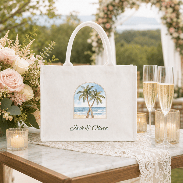 Personalized Palm Tree Large Capacity White Canvas Tote Bag with Text and Year Valentine's Day Wedding Gift for Bridesmaids Brides