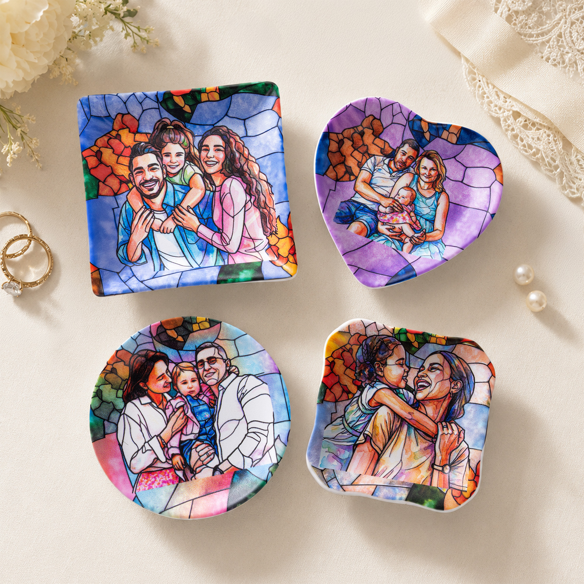 Personalisierte Keramik-Schmuckschale im Buntglas-Stil mit Familienporträt – für den täglichen Gebrauch, als Geburtstagsgeschenk für Mädchen und Frauen