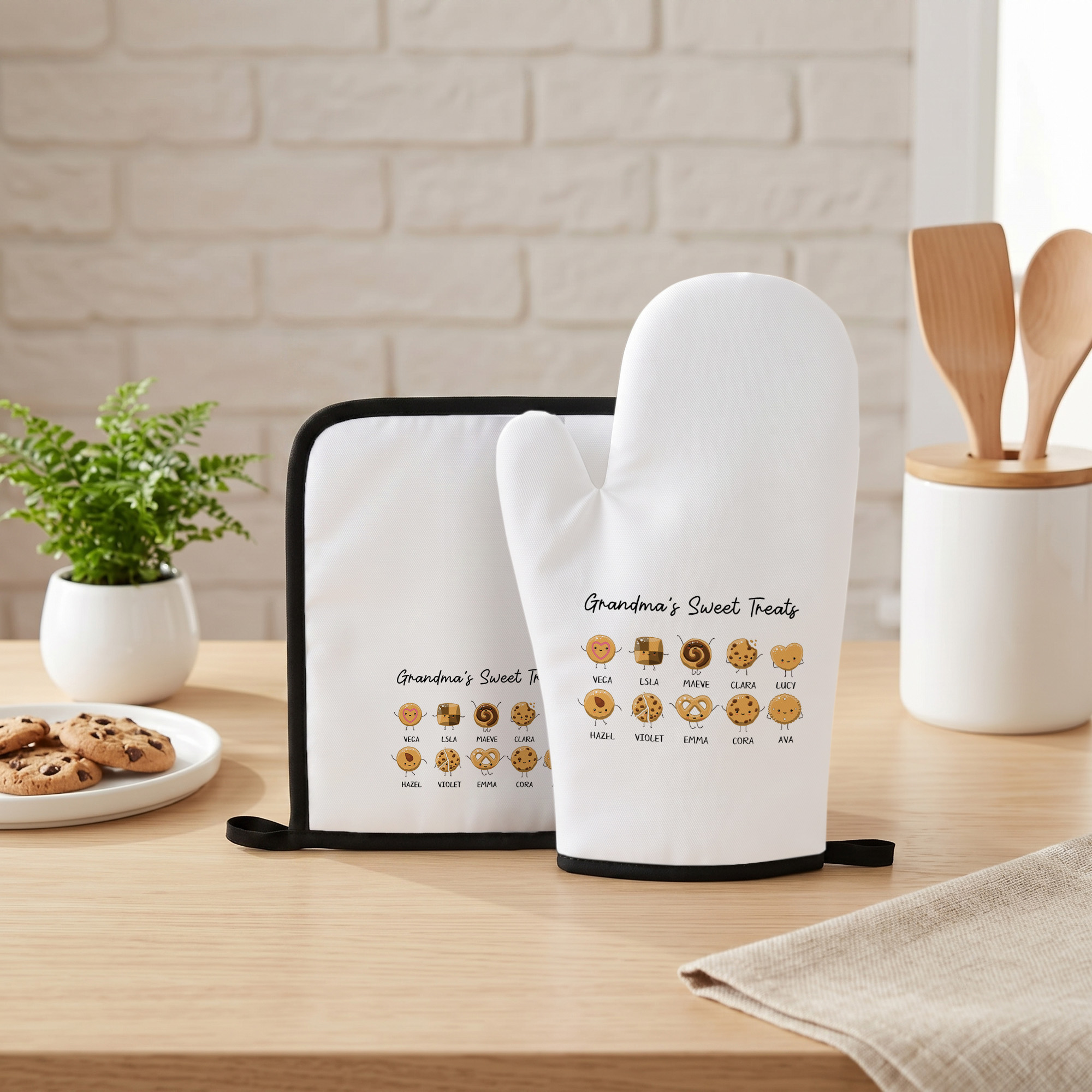 Personalisierte Cartoon Cute Biscuit Anti-Scalding Handschuh Topfmatte Set mit 1-12 Namen Küchenutensilien Geburtstag Muttertag Geschenk für Kochbegeisterte