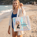 Personalized Cartoon Y2K Girl Holographic Clear Tote Bag with Name Wedding Party Travel Birthday Gift for Girls