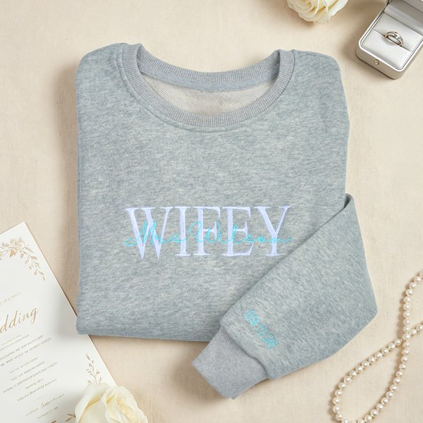 Personalized Multicolour Embroidered Title and Surname 100% Cotton Sweatshirt with Date Engagement Bridal Shower Wedding Gift for Newlywed Bridesmaid