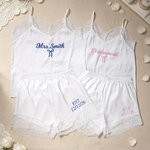 Personalized Elegant Soft Satin Lace-Trim Embroidered Pajama Set with Text and Date Bridal Shower Honeymoon Gift for Bride to Be
