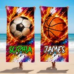 Personalized Fire Ball-Themed Graffiti-Art Design Quick Dry Microfiber Beach Towel with Name Summer Travel Birthday Gift for Sports Lovers
