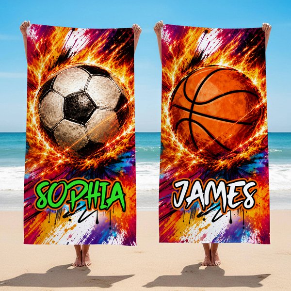 Personalized Fire Ball-Themed Graffiti-Art Design Quick Dry Microfiber Beach Towel with Name Summer Travel Birthday Gift for Sports Lovers
