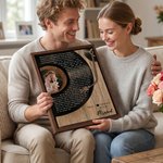 Personlig giclétrykk på lerret med foto og trykt sangtekst i vinylinspirert design uten musikkfunksjon som bryllupsgave til nygifte