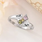Personalized Sterling Silver Elegant 2-4 Birthstones Ring with Engraved Text Birthday Anniversary Graduation Gift for Graduates Friends