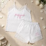 Personalized Elegant Soft Satin Lace-Trim Embroidered Pajama Set with Text and Date Bridal Shower Honeymoon Gift for Bride to Be