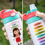 Personalised Kind Smart Loved Colourful Cartoon Character 12 oz Insulated Water Bottle with Straw Handle and Name Daily Use Back to School Gift for Kid