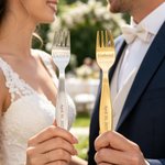Personalised Engraved Mr. & Mrs. Wedding Forks Set and Ceramic Cake Plate with Name and Date Engagement Gift for Newlywed Couples