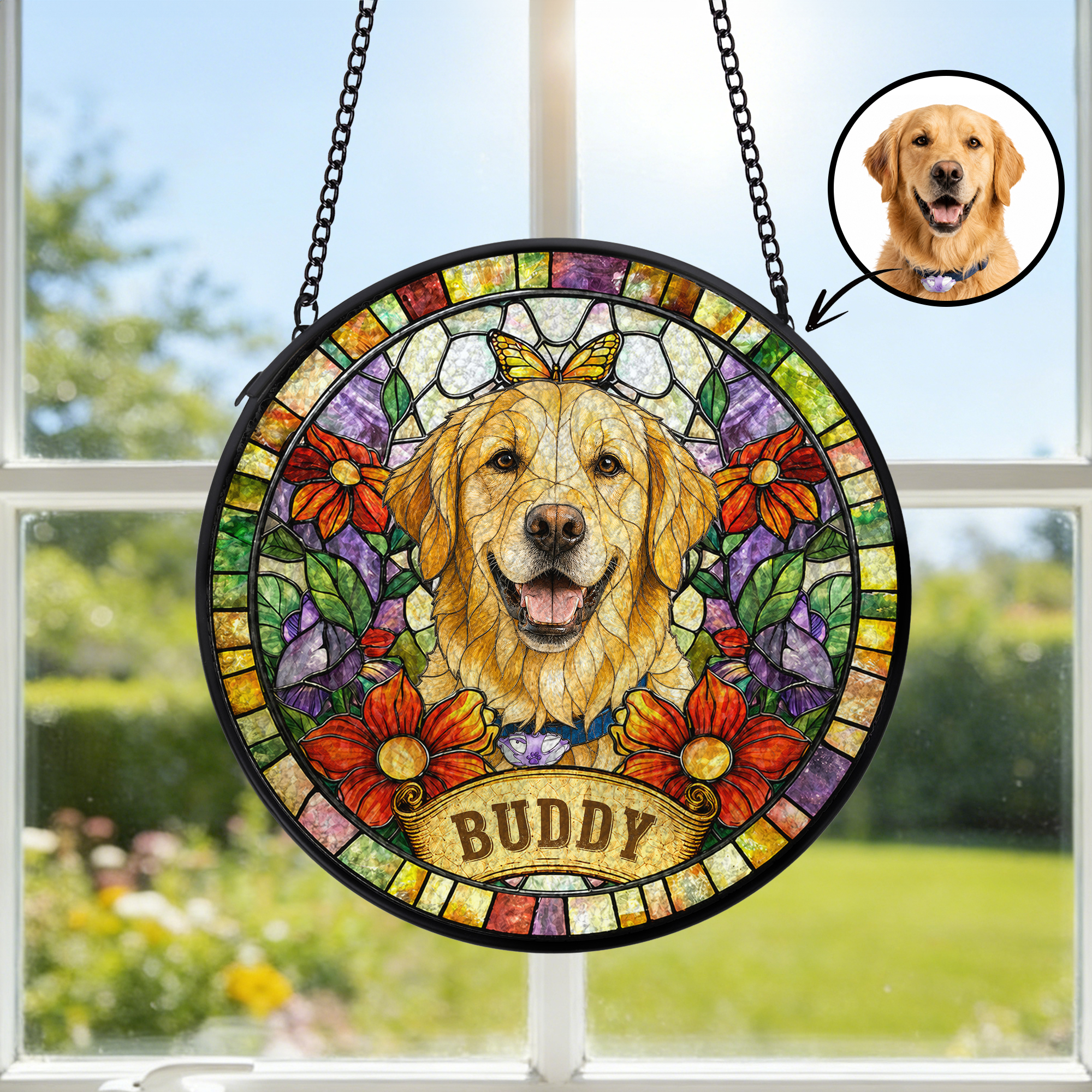 Personalisierte Fensterdekoration im Buntglas-Stil mit Haustierfoto und Namen – Wohnaccessoire und Gedenkgeschenk für Haustierbesitzer