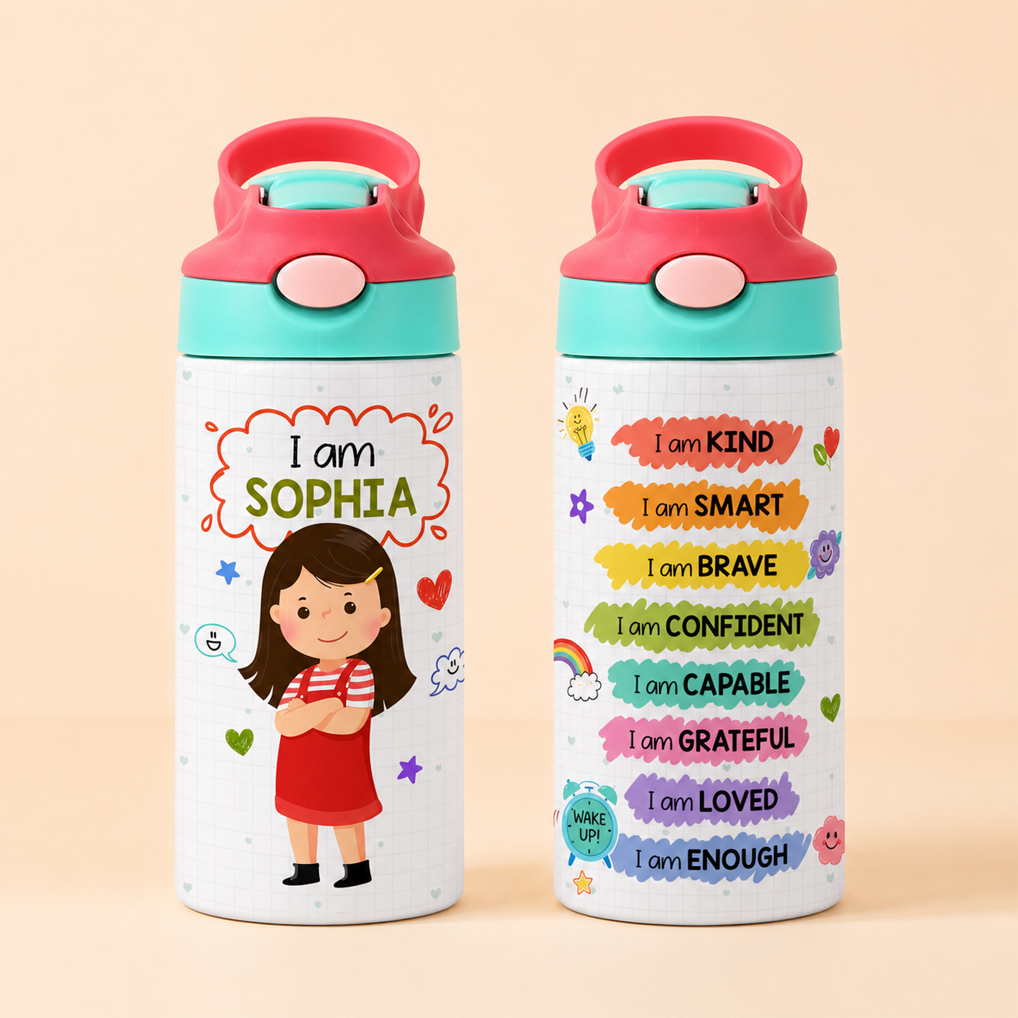 Personalisierte, niedliche, farbenfrohe Wasserflasche mit Cartoon-Figur (12 oz), isoliert, mit Strohhalm, Tragegriff und Namensaufdruck – für den täglichen Gebrauch, als Geschenk zum Schulanfang für K