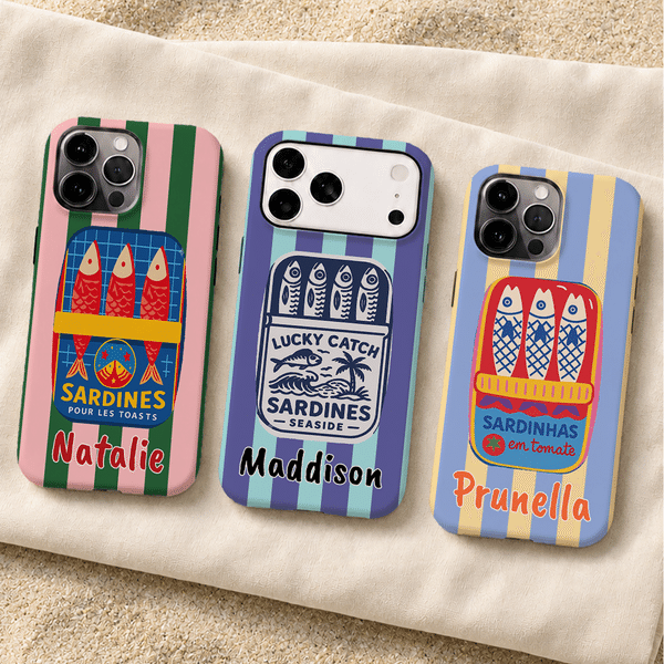 Personalised Vintage Striped Sardine Can Design Phone Case for iPhone with Name Summer Beach Holiday Gift for Her