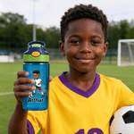 Personalized Cartoon Black Soccer Kid Design 16 oz Water Bottle with Straw and Name Daily Use Birthday Back to School Gift for Kid Boy Girl