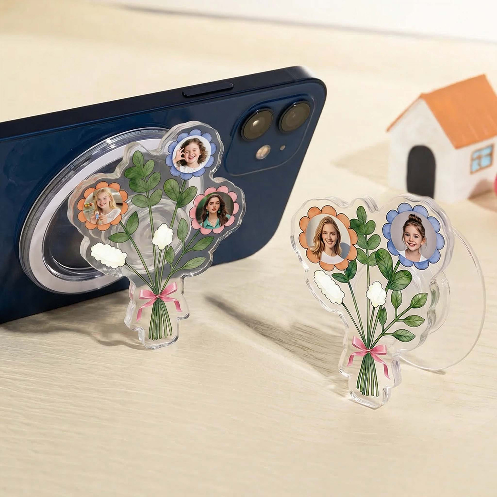 Personalisierter Handyhalter aus Acryl mit Magnet und Blumenarrangement für 1–7 Familienfotos – Handy-Zubehör – Geschenk zum Geburtstag oder für den täglichen Gebrauch für Mama oder eine Freundin