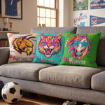 Personalized Multicolor Neon Mascot Throw Pillow Cover with Team Name Dorm Decor Game Day Back to School Gift for Students Coaches Sports Fans