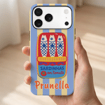 Coque de téléphone personnalisée pour iPhone, motif vintage « boîte de sardines rayée » avec prénom – Cadeau d'été pour elle, pour les vacances à la plage