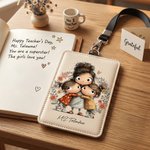 Individuell gestalteter, verspielter Kartenhalter aus PU-Leder mit Cartoon-Figur und Umhängeband – ein Dankeschön zum Schulanfang und zum Lehrertag als Geschenk für Lehrer