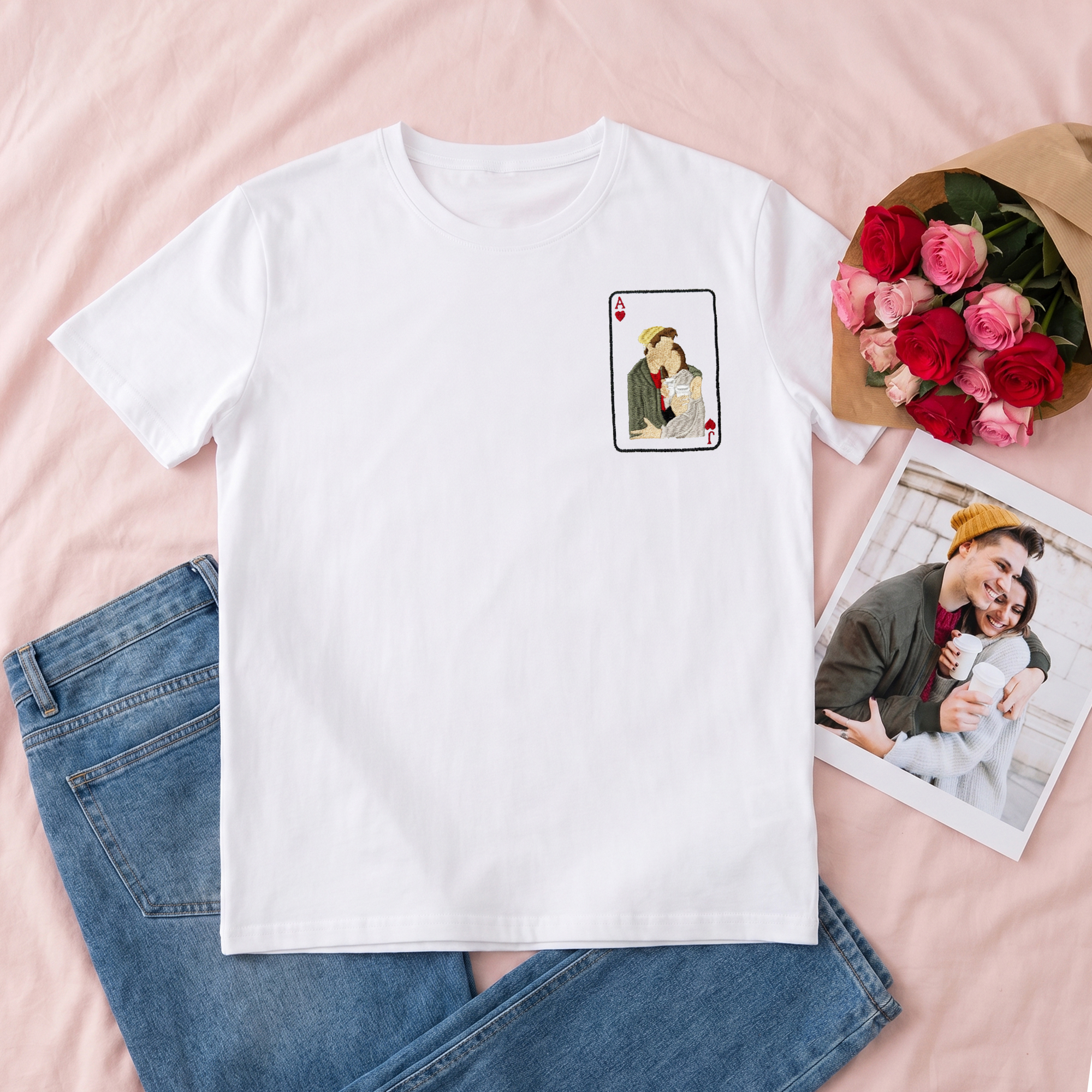 Individuell besticktes T-Shirt, Sweatshirt oder Kapuzenpullover mit Foto und Pokerkarte in verschiedenen Farben sowie Initialen – für den Alltag, als Geschenk zum Jahrestag oder Geburtstag für Freunde