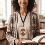 Individuell gestalteter, verspielter Kartenhalter aus PU-Leder mit Cartoon-Figur und Umhängeband – ein Dankeschön zum Schulanfang und zum Lehrertag als Geschenk für Lehrer