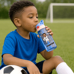 Personalized Cartoon Black Soccer Kid Design 16 oz Water Bottle with Straw and Name Daily Use Birthday Back to School Gift for Kid Boy Girl