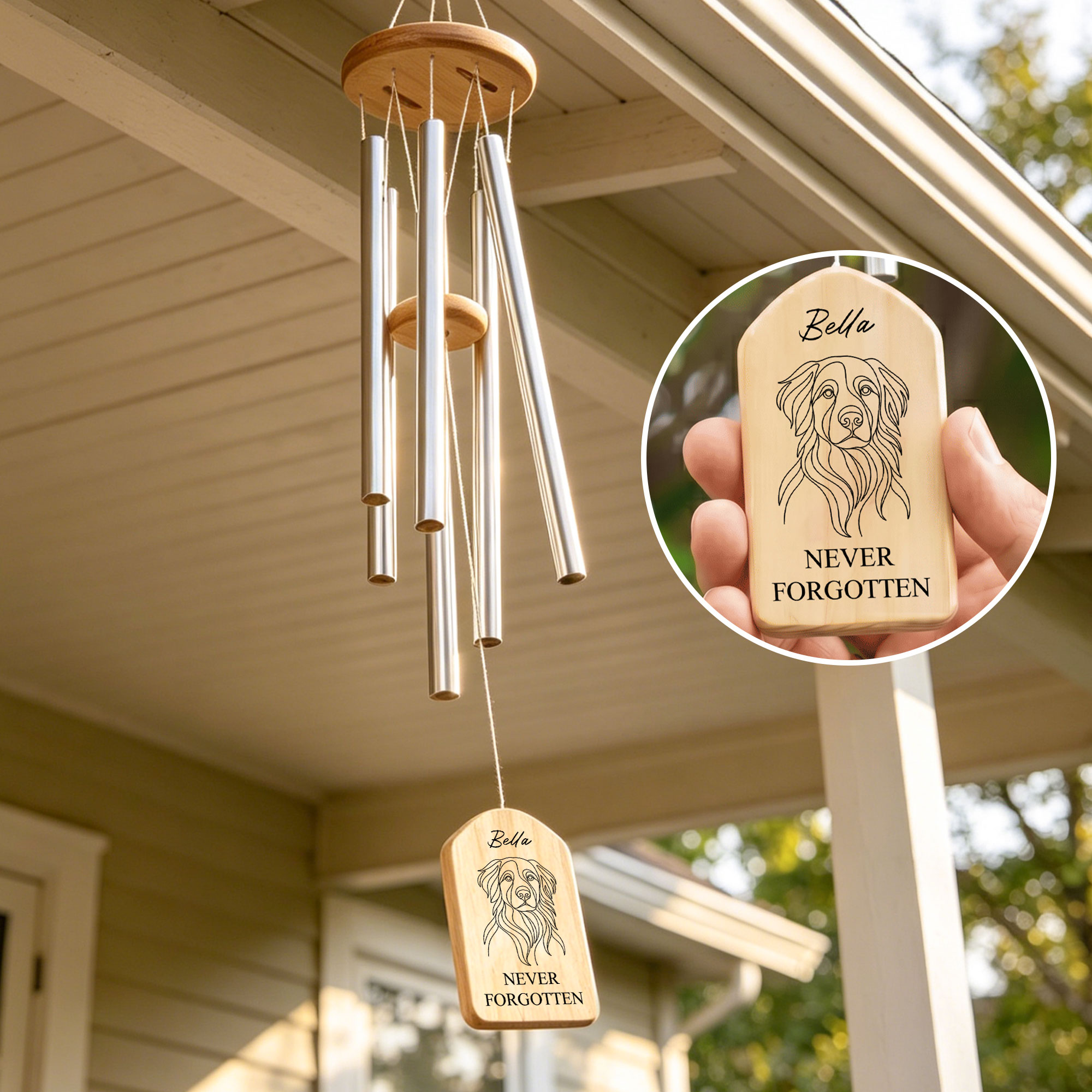 Individuell gestaltetes Windspiel aus Holz mit Strichzeichnung, Foto, Namen und Text – Gedenk- und Beileidsgeschenk zum Verlust eines Haustieres für Tierhalter und Tierliebhaber