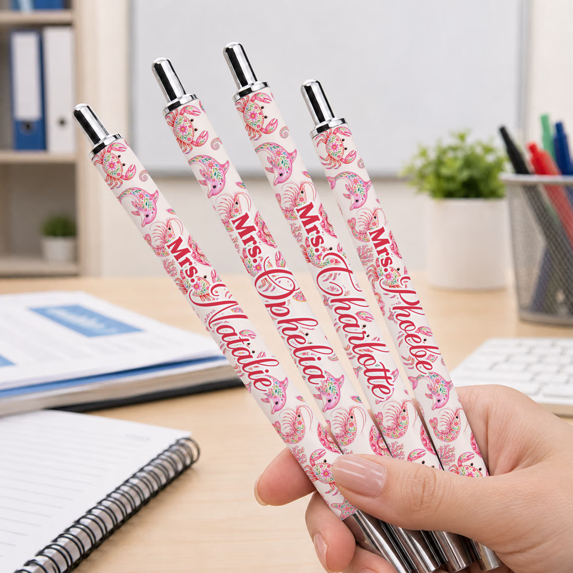 Personalisierter Kugelschreiber mit Meeres- und Tiermotiven sowie Blumenmuster, mit Nachnamen – Briefpapier, Bürobedarf, Geschenk zum Schulanfang für Lehrer