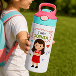 Personalised Kind Smart Loved Colourful Cartoon Character 12 oz Insulated Water Bottle with Straw Handle and Name Daily Use Back to School Gift for Kid