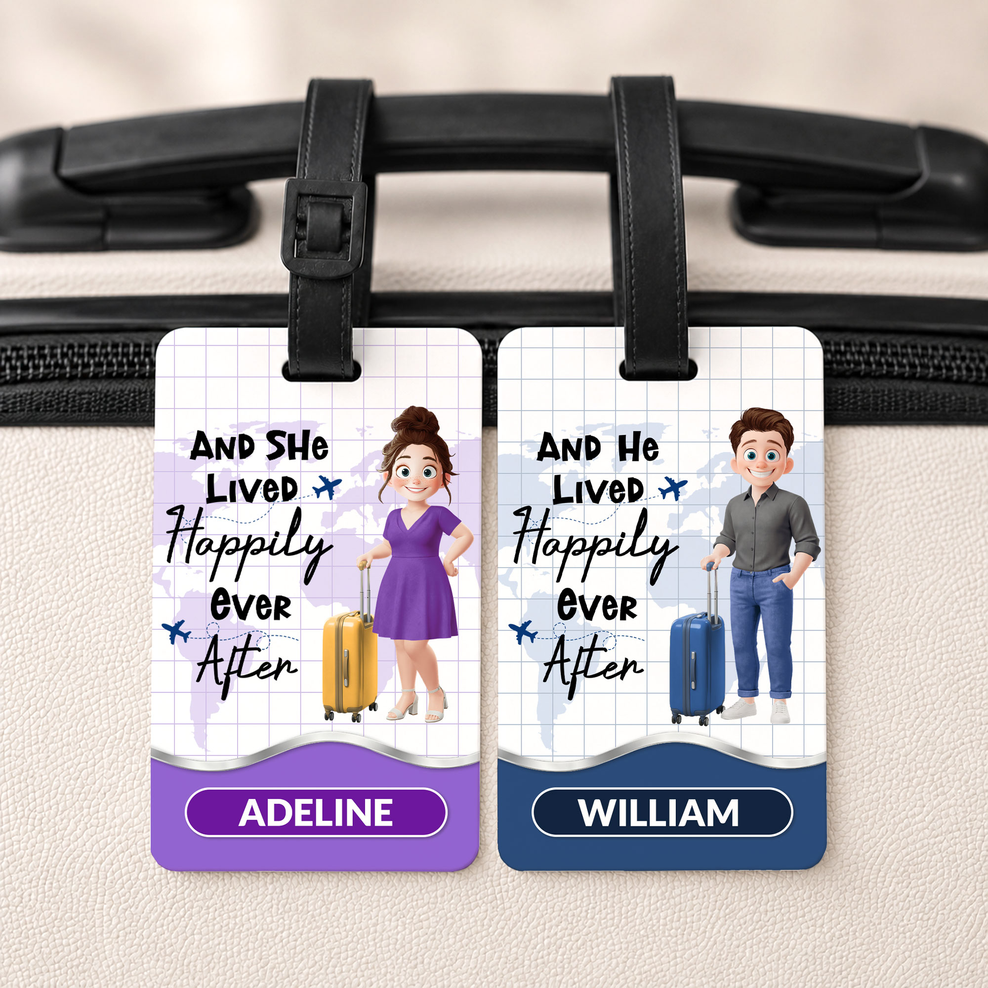 Individuell gestalteter, mehrfarbiger Kofferanhänger mit Comicfigur, Namen und Text – Reiseaccessoire und Geburtstagsgeschenk für Familie und Freunde