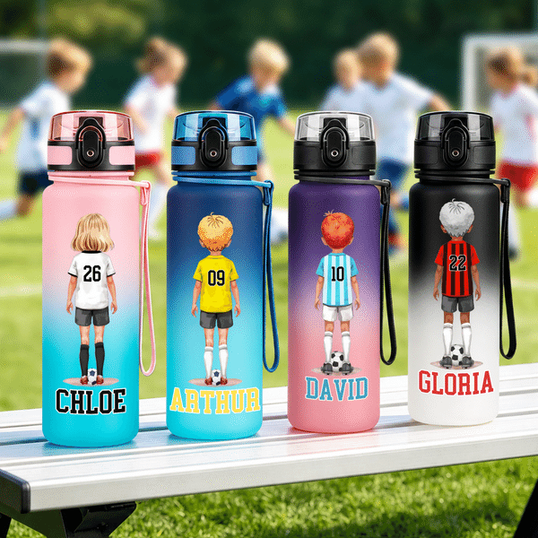 Personalized Soccer Cartoon Character Plastic Water Bottle with Name and Number Game Day Birthday Gift for Kids Teens