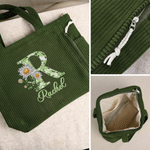 Personalized Diamond Style Birth Flower Initial Large Capacity Corduroy Tote Bag with Name Daily Use Birthday Gift for Woman Girl