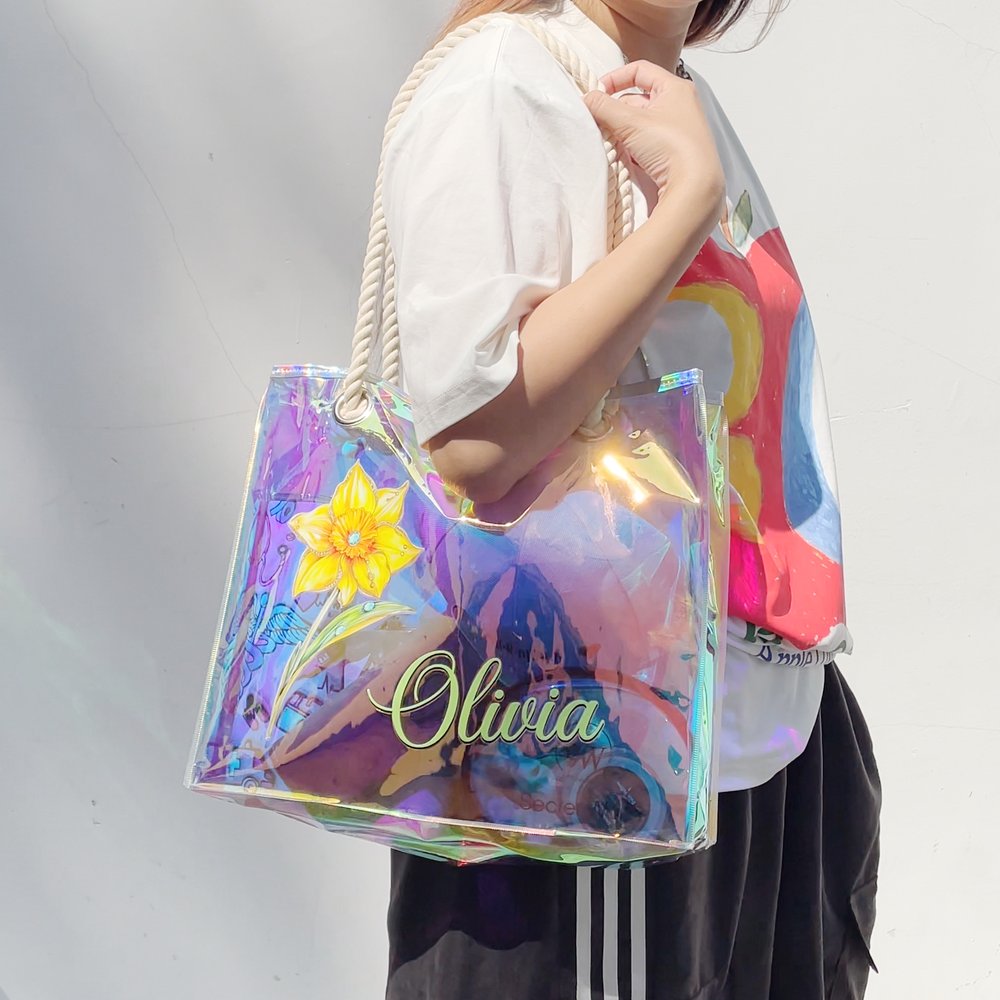 Personalised Birth Flower Neon Laser Clear Tote Bag with Name Birthday Summer Holiday Party Gift for Women 3