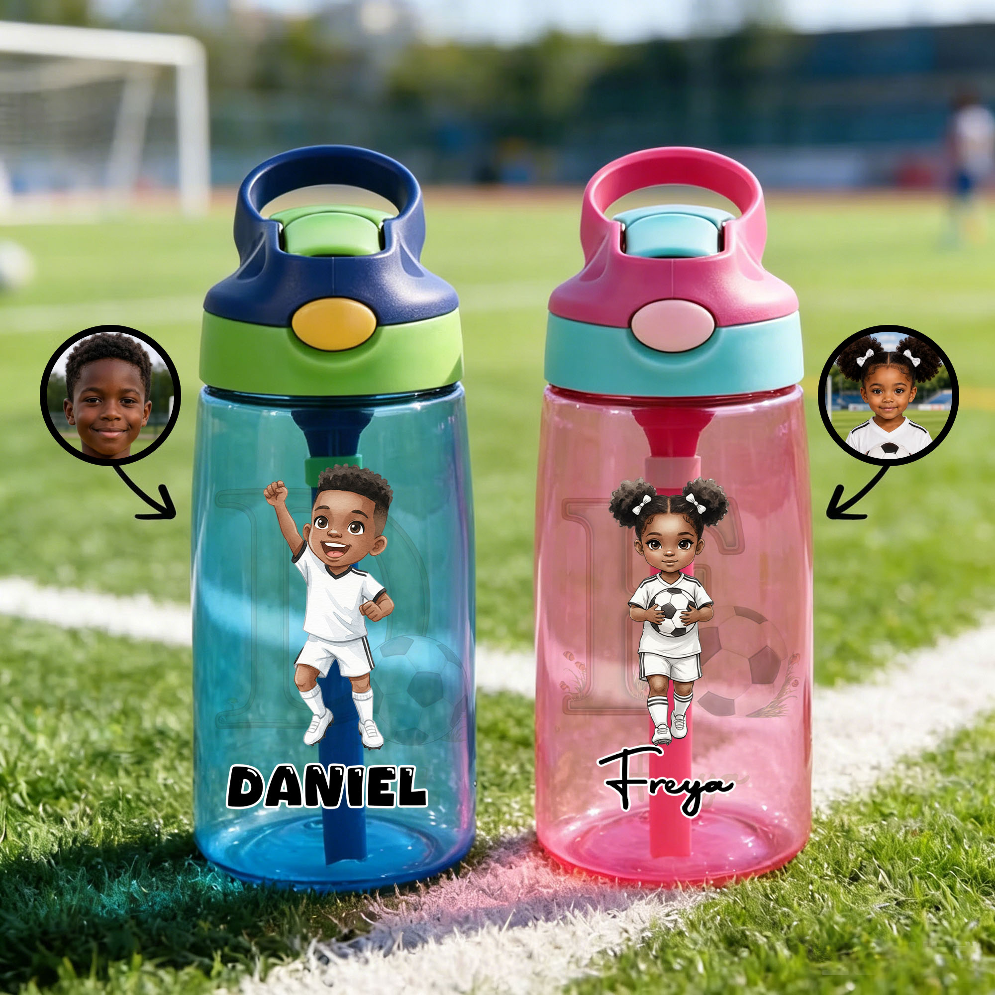 Individuell gestaltete Wasserflasche (16 oz) mit Cartoon-Motiv „Schwarzer Fußballjunge“, Strohhalm und Namensaufdruck – für den täglichen Gebrauch, als Geburtstags- oder Schulanfangsgeschenk für Junge