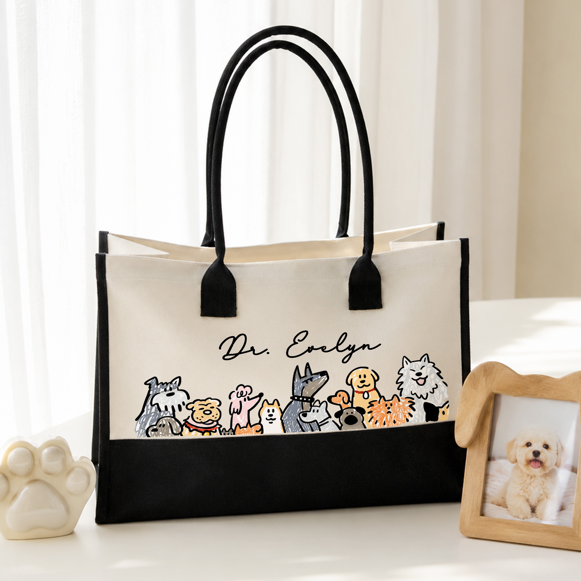 Individuell gestaltete Cartoon-Illustration mit Katze und Hund – großvolumige Canvas-Tragetasche mit Schriftzug – für den täglichen Gebrauch – Geburtstagsgeschenk für Tierliebhaber, Tierhalter und Tie
