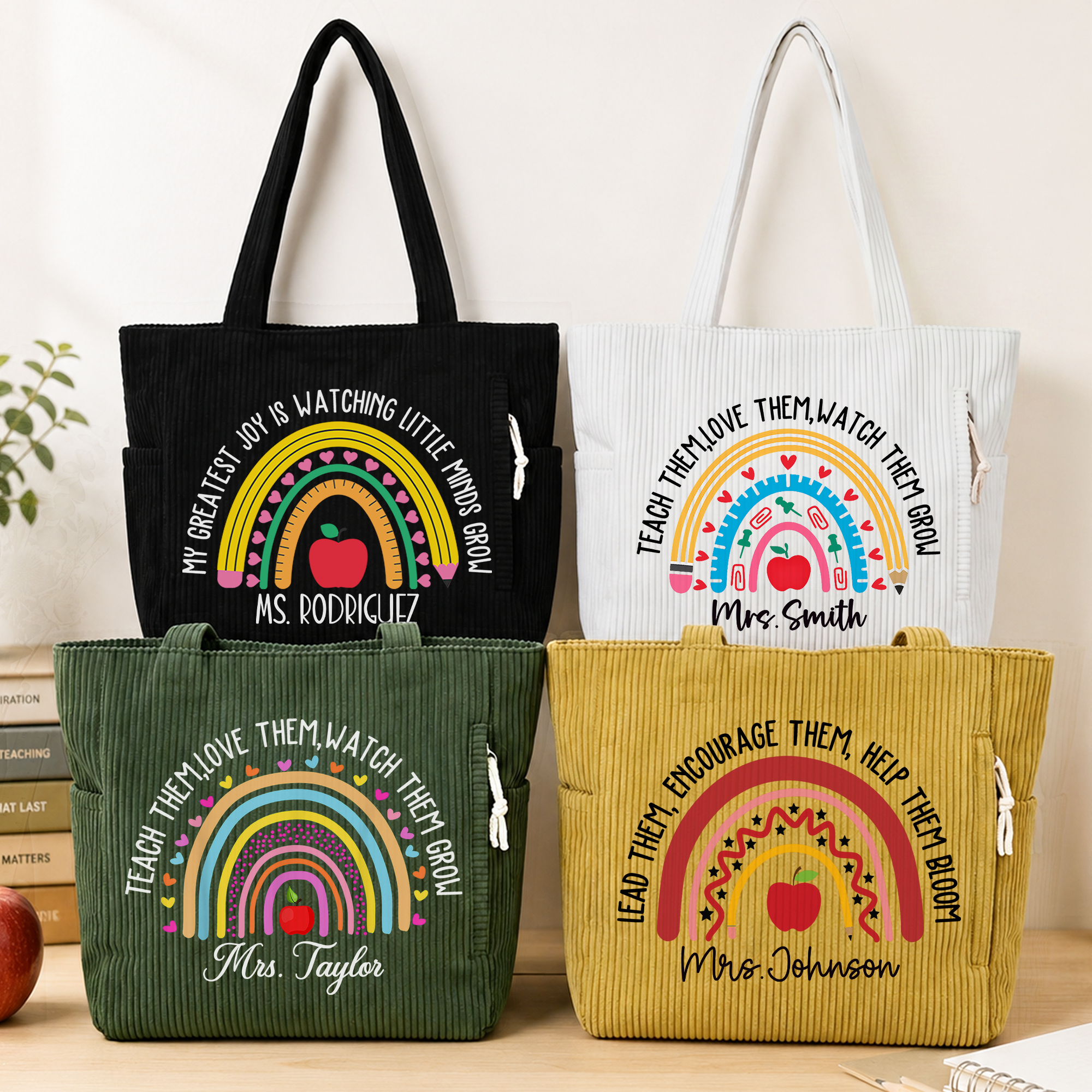 Personalisierte Lehrer-Themen-Tasche: Großräumige Cord-Tragetasche mit Regenbogenmotiv und Text – Unverzichtbares Geschenk zum Lehrertag für Lehrerinnen