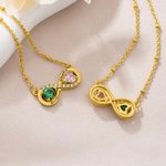 Personalized 2 Heart Birthstones Zircon Infinity Necklace with Names Dainty Jewelry Birthday Anniversary Wedding Christmas Gift for Women