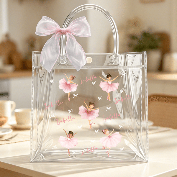 Personalised Ballerina Girl Bow Transparent Gift Bag with Name and Ribbon Daily Use Birthday Gift for Girl Ballet Lover