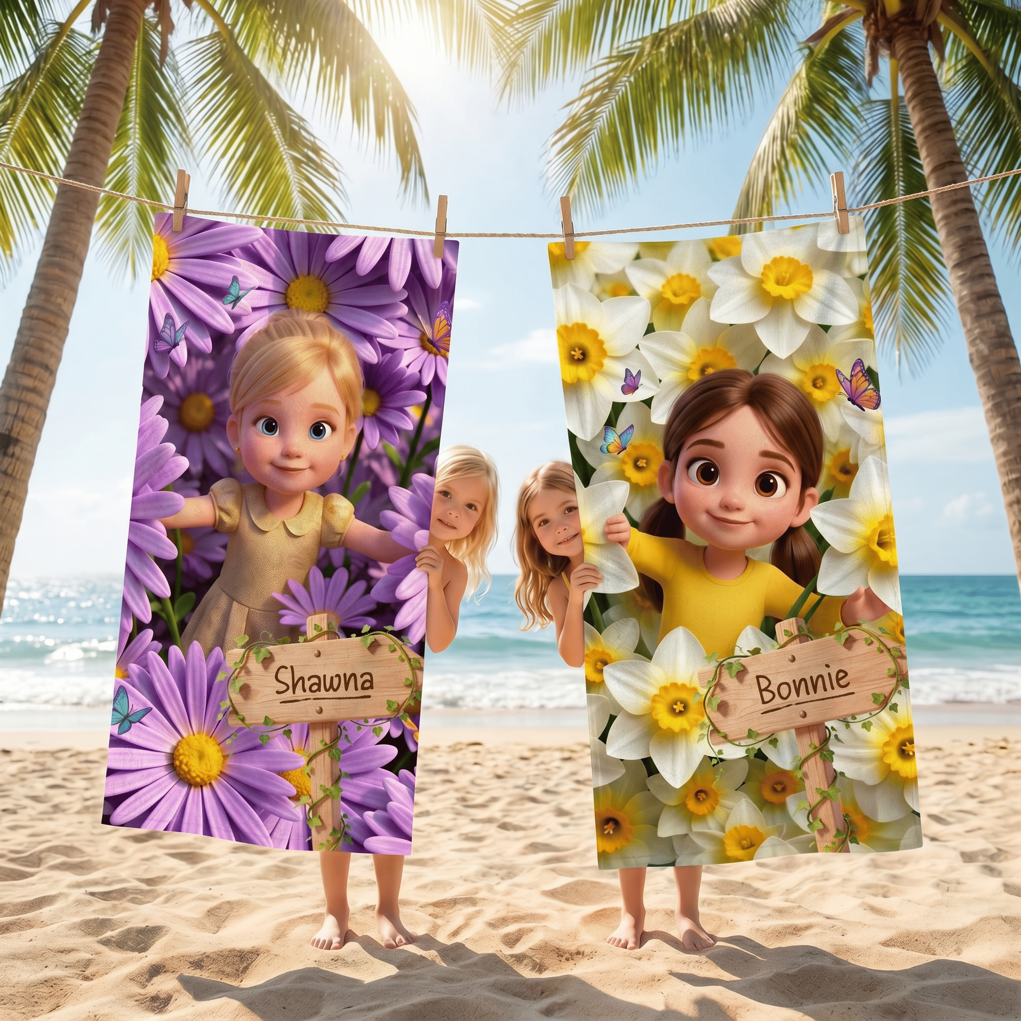 Personalisiertes Strandtuch aus Mikrofaser mit Kinderfoto im Cartoon-Stil, mit Geburtsblume, schnell trocknend, übergroß, mit Namen – Reiseutensilien, Strandparty, Geburtstagsgeschenk für Kinder