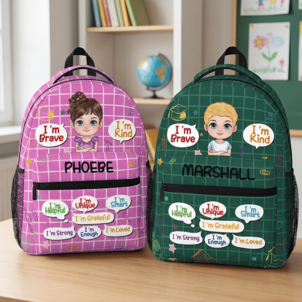 Personalized I'm Kind Brave Cartoon Kid Character Grid Large Capacity Backpack with Name Back to School Birthday Gift for Boys Girls