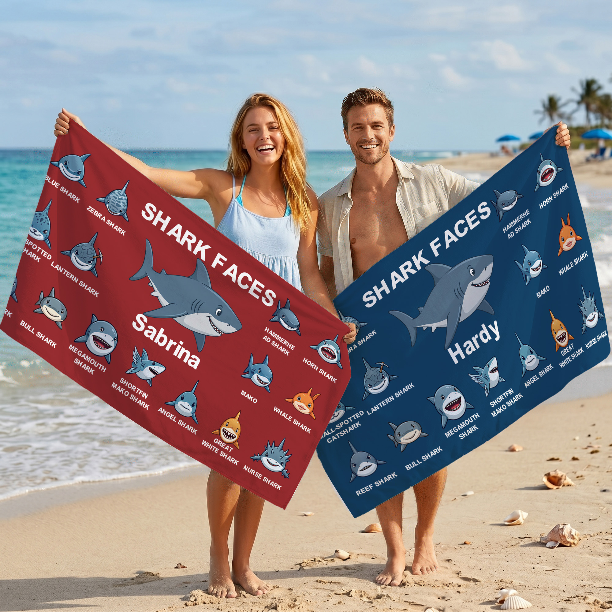 Individuell gestaltetes, niedliches, hautfreundliches und weiches Strandtuch mit Haifischmotiv und Namen – Strandparty, Sommerurlaub, Geburtstagsgeschenk für Frauen und Männer