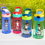 Personalized Cartoon Black Soccer Kid Design 16 oz Water Bottle with Straw and Name Daily Use Birthday Back to School Gift for Kid Boy Girl