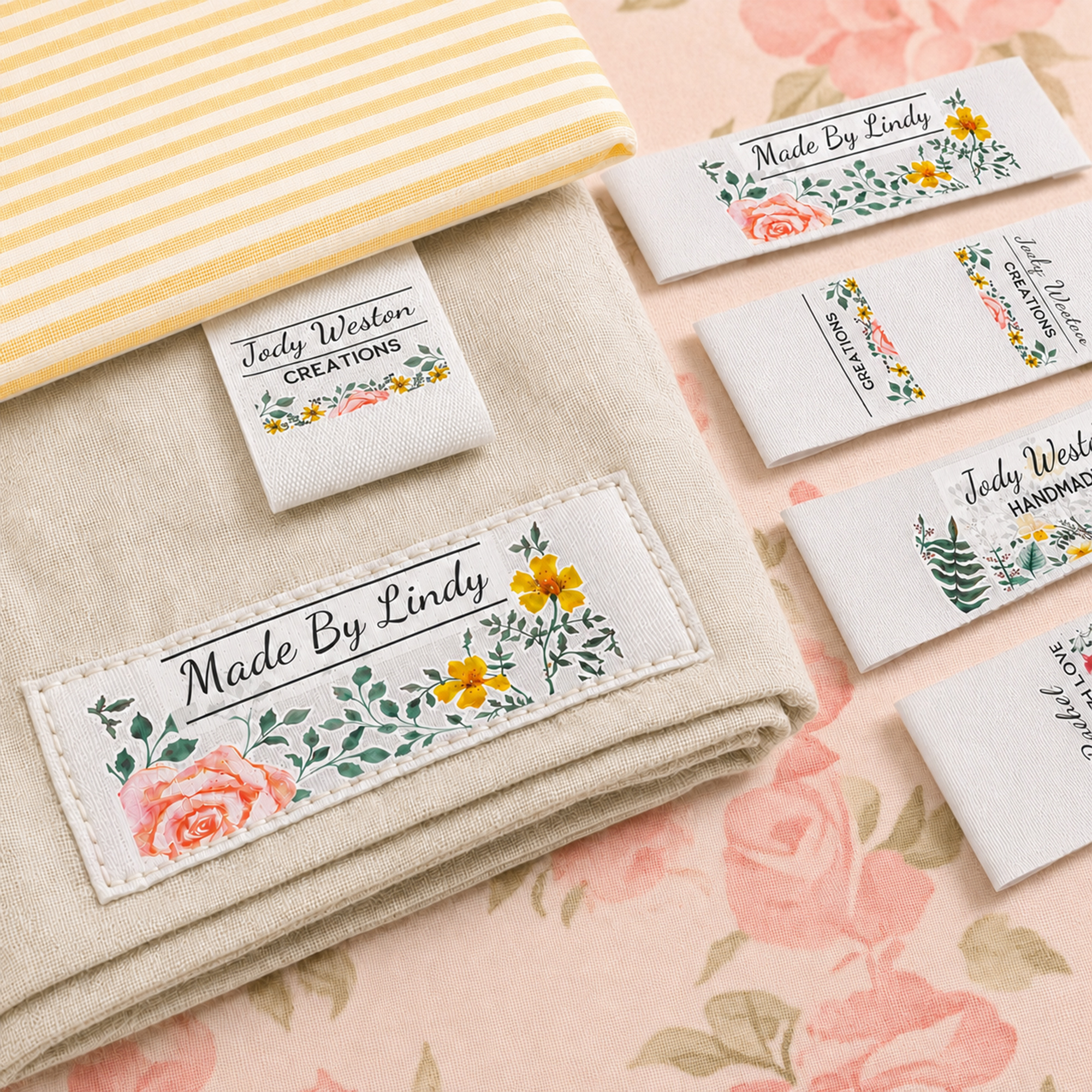 Personalisierte Aquarell Blumen 100% Baumwolle 50 Stück Nähetiketten mit Namen Kleidung Handmade Artikel Geburtstagsgeschenk für Stricken DIY Handwerk Liebhaber