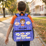 Personalized I'm Kind Brave Cartoon Kid Character Grid Large Capacity Backpack with Name Back to School Birthday Gift for Boys Girls